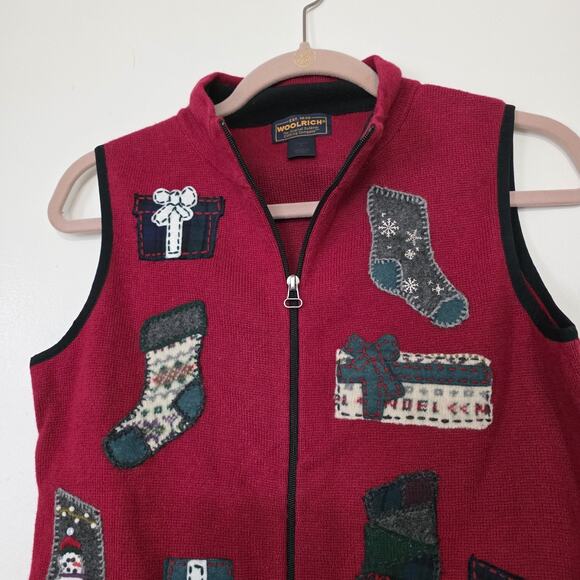 Vtg Woolrich Christmas Sweater Women S Red Patchwork Full Zip Vest Holiday Cotta - Picture 2 of 8